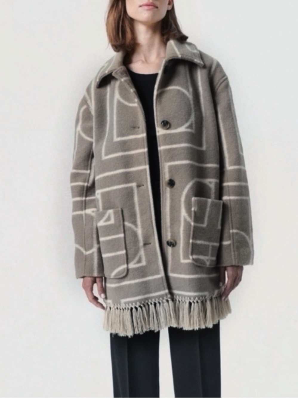 Soaked in Luxury Gale Fringe Geometric Print Wool Blend Coat Size Medium New Tan
